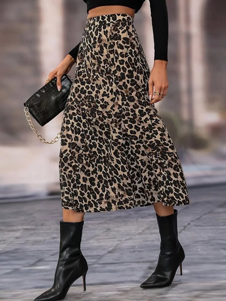 Moda Yakamoz Midirock JANE'S Damen Hohe Taille Leopardenmuster Midi Crepe Rock von Moda Yakamoz