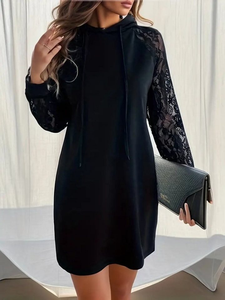 Moda Yakamoz Minikleid Damen Spitzen-Kapuzen-Kurzkleid mit langen Ärmeln und Schnürung von Moda Yakamoz