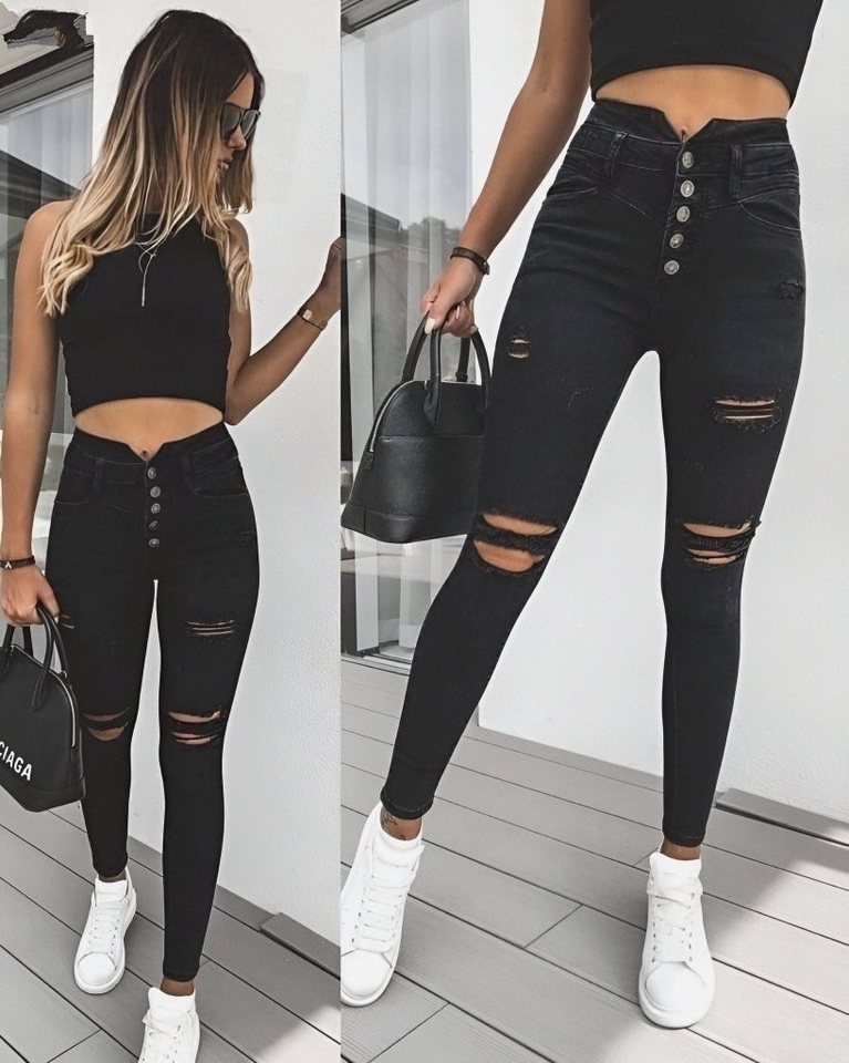 Moda Yakamoz Regular-fit-Jeans JANE'S Damen 5 Knopf V Detail Taille Zerrissene Jeans Moda Yakamoz Regular-fit-Jeans JANE'S Damen 5 Knopf V Detail Taille Zerrissene Jeans von Moda Yakamoz