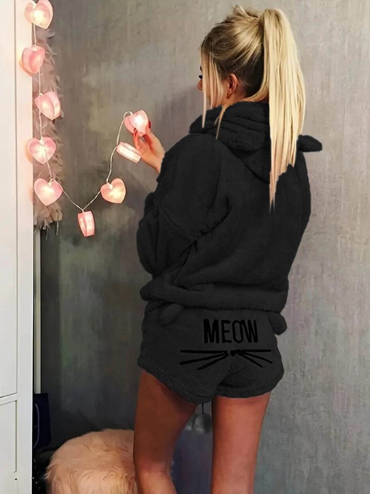 Moda Yakamoz Shorts Damen Meow Katze Besticktes Plüsch Kapuzen-Sweatshirt und Shorts Set Moda Yakamoz Shorts Damen Meow Katze Besticktes Plüsch Kapuzen-Sweatshirt und Shorts Set von Moda Yakamoz