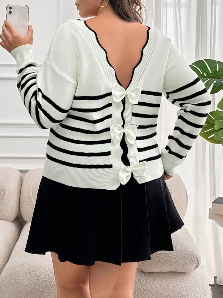 Moda Yakamoz Strickpullover JANE'S Damen Weißes Rückenbindedetail Streifenmuster Strickbluse von Moda Yakamoz