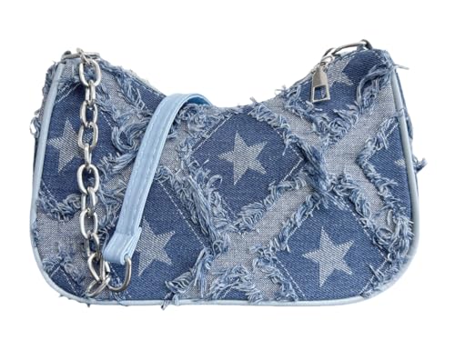 ModaBay Denim Umhängetasche für Damen, Retro Karo oder Stern Muster Achselbörse Vintage 90er Y2K Kleine Handtasche Teen Mädchen, Blau, Small von ModaBay