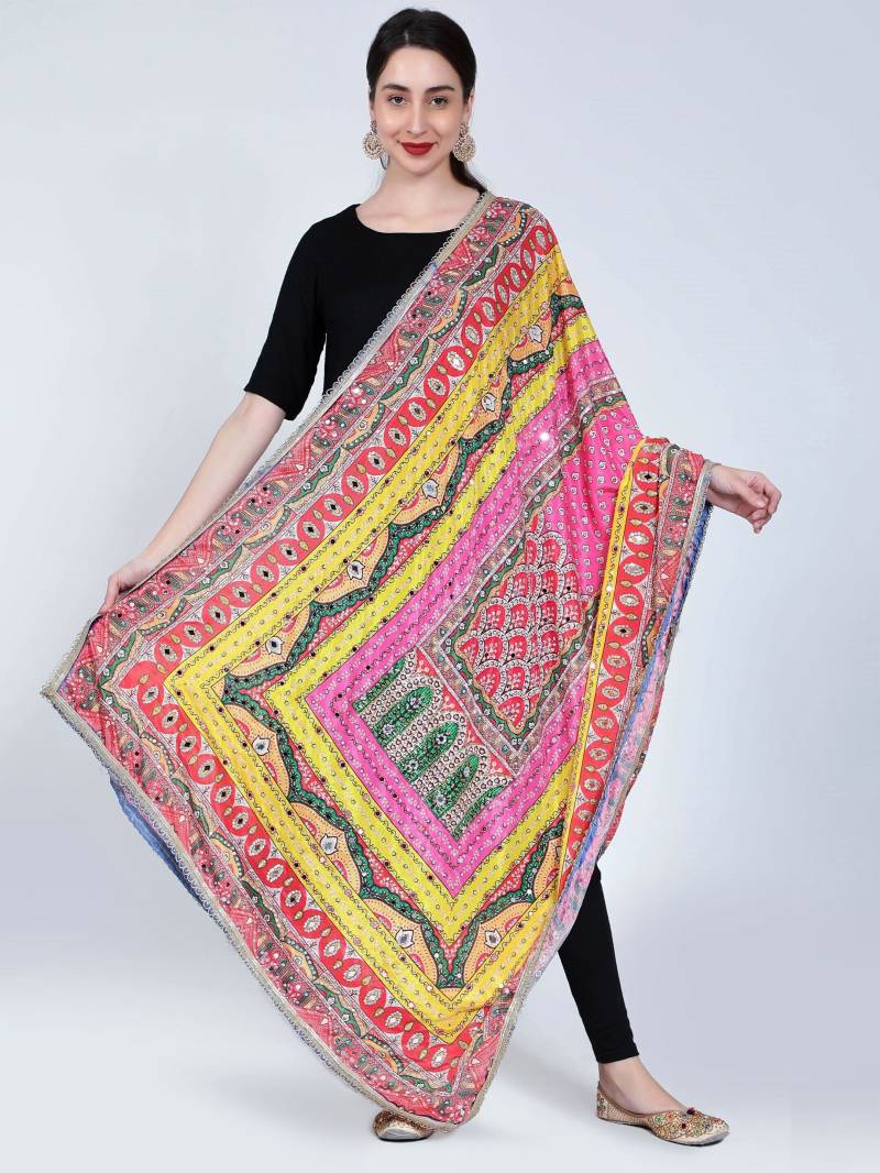 Pakistani Heavy Silk Dupatta With Mirror Work Colourful Block Print von ModaChales