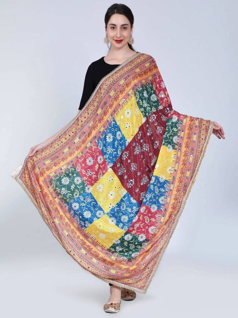 Pakistani Heavy Silk Dupatta With Mirror Work Colourful Block Print von ModaChales