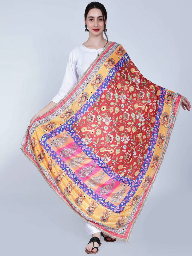 Pakistani Heavy Silk Dupatta With Mirror Work Colourful Block Print von ModaChales
