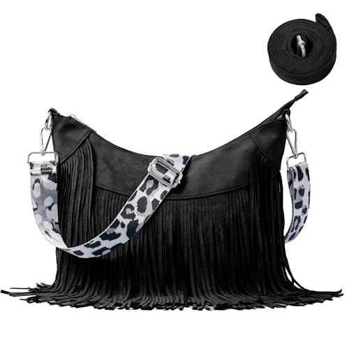 Modacarry Damen-Hobo-Tasche aus Wildlederimitat mit Fransen und langen Trägern mit Leopardenmuster, Schwarz von Modacarry
