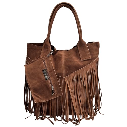 Modarno Damen-Einkaufstasche aus echtem Wildleder mit Fransen plus Schmucketui in der gleichen Farbe - Handtasche - Schultertasche, Braun von Modarno