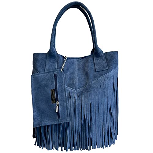Modarno Damen-Einkaufstasche aus echtem Wildleder mit Fransen plus Schmucketui in der gleichen Farbe - Handtasche - Schultertasche, Dunkelblau von Modarno