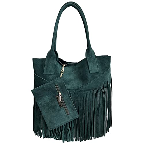 Modarno Damen-Einkaufstasche aus echtem Wildleder mit Fransen plus Schmucketui in der gleichen Farbe - Handtasche - Schultertasche, Petrolgrün von Modarno
