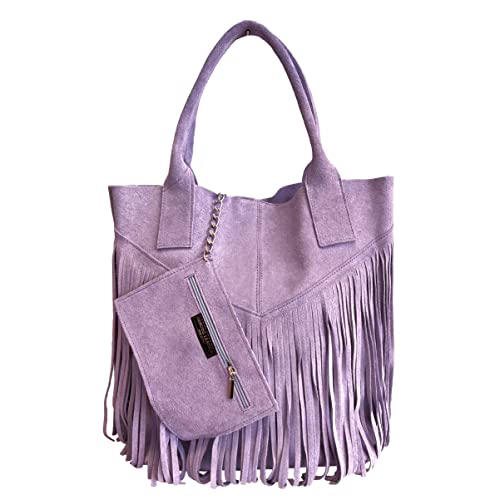 Modarno Damen-Einkaufstasche aus echtem Wildleder mit Fransen plus Schmucketui in der gleichen Farbe - Handtasche - Schultertasche, Violett von Modarno