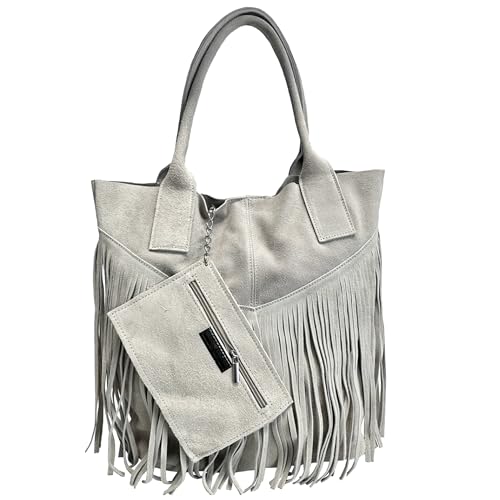 Modarno Damen-Einkaufstasche aus echtem Wildleder mit Fransen plus Schmucketui in der gleichen Farbe - Handtasche - Schultertasche, Weiß von Modarno