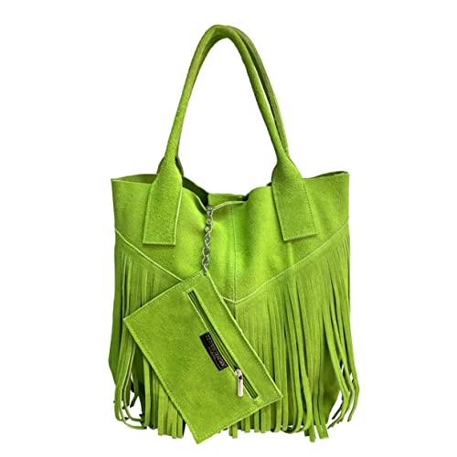 Modarno Damen-Einkaufstasche aus echtem Wildleder mit Fransen plus Schmucketui in der gleichen Farbe - Handtasche - Schultertasche, Zyperngrün von Modarno