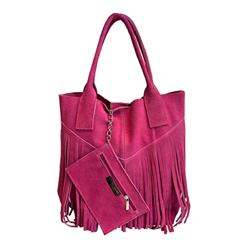 Modarno Damen-Einkaufstasche aus echtem Wildleder mit Fransen plus Schmucketui in der gleichen Farbe - Handtasche - Schultertasche, fuchsia Modarno Damen-Einkaufstasche aus echtem Wildleder mit Fransen plus Schmucketui in der gleichen Farbe - Handtasche - Schultertasche, fuchsia von Modarno