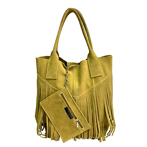 Modarno Damen-Einkaufstasche aus echtem Wildleder mit Fransen plus Schmucketui in der gleichen Farbe - Handtasche - Schultertasche, gelb von Modarno