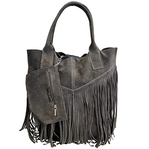 Modarno Damen-Einkaufstasche aus echtem Wildleder mit Fransen plus Schmucketui in der gleichen Farbe - Handtasche - Schultertasche, grau von Modarno