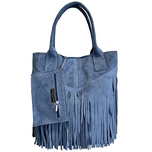 Modarno Damen-Einkaufstasche aus echtem Wildleder mit Fransen plus Schmucketui in der gleichen Farbe - Handtasche - Schultertasche, hellblau von Modarno