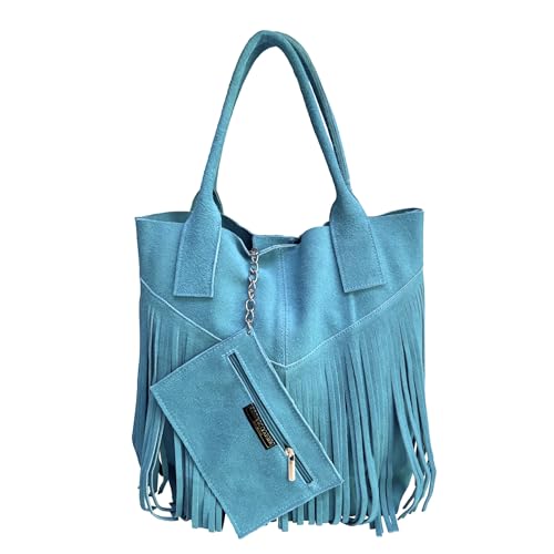 Modarno Damen-Einkaufstasche aus echtem Wildleder mit Fransen plus Schmucketui in der gleichen Farbe - Handtasche - Schultertasche, himmelblau von Modarno