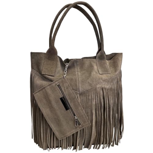 Modarno Damen-Einkaufstasche aus echtem Wildleder mit Fransen plus Schmucketui in der gleichen Farbe - Handtasche - Schultertasche, Schlamm von Modarno