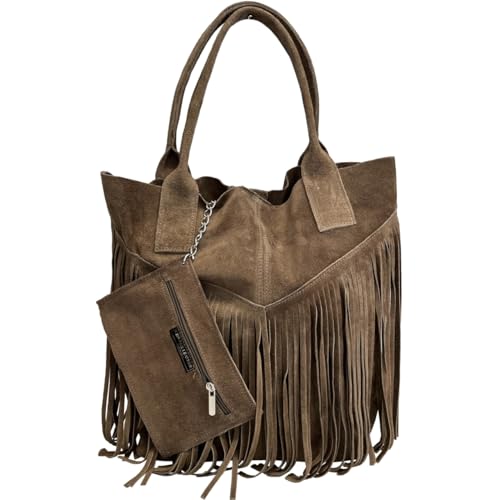 Modarno Damen Einkaufstasche aus echtem Wildleder mit Pony plus Etui für Schmuck in der gleichen Farbe - Handtasche - Schultertasche, Taupe von Modarno