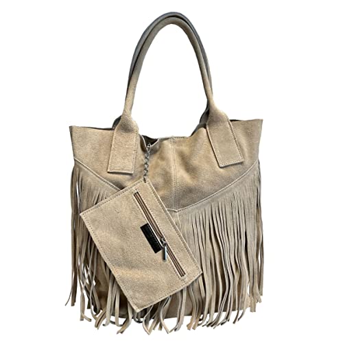 Modarno Damen-Einkaufstasche aus echtem Wildleder mit Fransen plus Schmucketui in der gleichen Farbe - Handtasche - Schultertasche, beige von Modarno