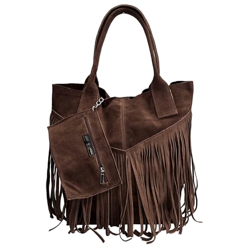 Modarno Damen-Einkaufstasche aus echtem Wildleder mit Fransen plus Schmucketui in der gleichen Farbe - Handtasche - Schultertasche, braun von Modarno