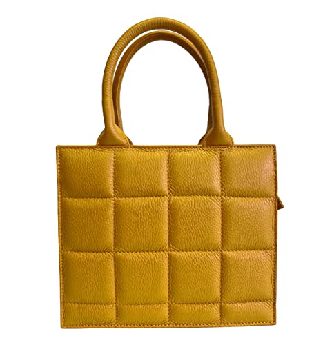 Modarno Damen Handtasche aus echtem Leder mit abnehmbarem Schultergurt in quadratischer Form, Ockergelb von Modarno