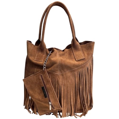 Modarno Damen-Einkaufstasche aus echtem Wildleder mit Fransen plus Schmucketui in der gleichen Farbe - Handtasche - Schultertasche, Leder von Modarno