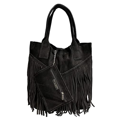 Modarno Damen-Einkaufstasche aus echtem Wildleder mit Fransen plus Schmucketui in der gleichen Farbe - Handtasche - Schultertasche, Schwarz von Modarno