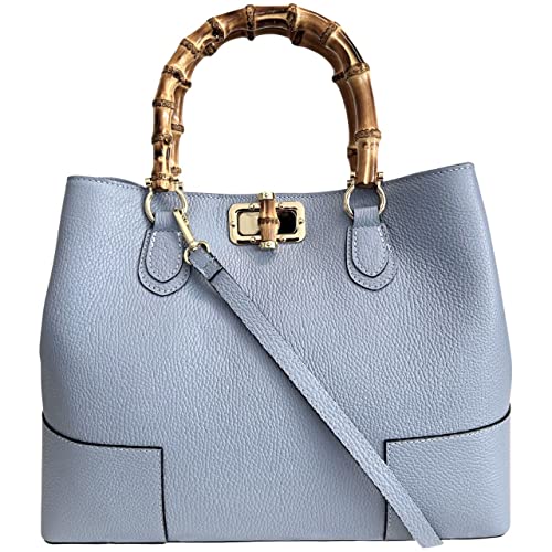 Modarno Damen-Tasche aus echtem Leder mit Griff aus echtem Bambus/elegant und minimalistisch/luxuriöse Tasche, Hellblau von Modarno