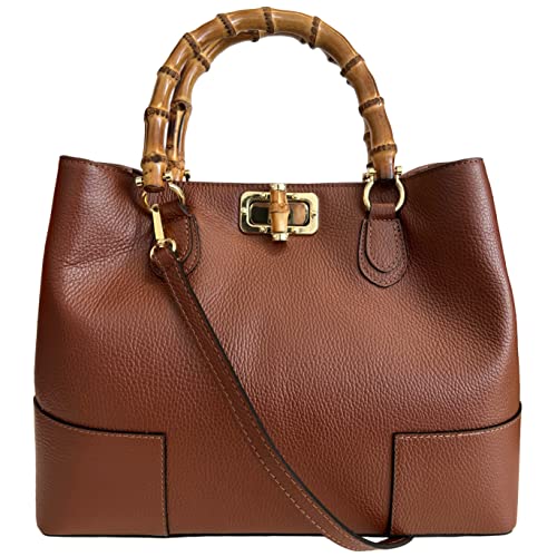 Modarno Damen-Tasche aus echtem Leder mit Griff aus echtem Bambus/elegant und minimalistisch/luxuriöse Tasche, braun von Modarno