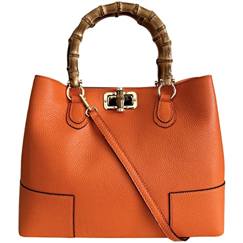Modarno Damen-Tasche aus echtem Leder mit Griffen aus echtem Bambus, elegant und minimalistisch/Luxus-Tasche, Orange von Modarno