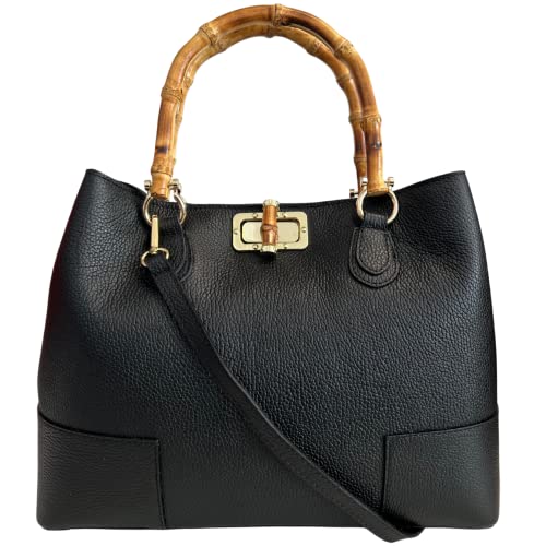 Modarno Damen-Tasche aus echtem Leder mit Griffen aus echtem Bambus, elegant und minimalistisch/Luxus-Tasche, Schwarz von Modarno