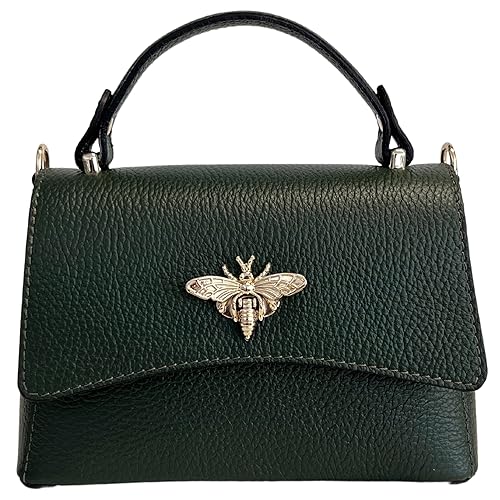 Modarno Damen-Umhängetasche aus echtem Leder mit Bienen-Verschluss, 20 x 7 x 14 cm, dunkelgrün von Modarno