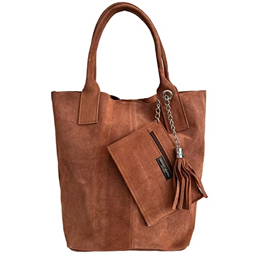 Modarno Einkaufstasche für Damen aus echtem Veloursleder, mit gleichfarbigen Schmucketui, Handtasche, Schultertasche, Hellbraun von Modarno