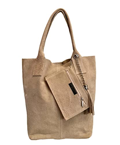 Modarno Einkaufstasche für Damen aus echtem Veloursleder, mit gleichfarbigen Schmucketui, Handtasche, Schultertasche, Helles Taupe von Modarno