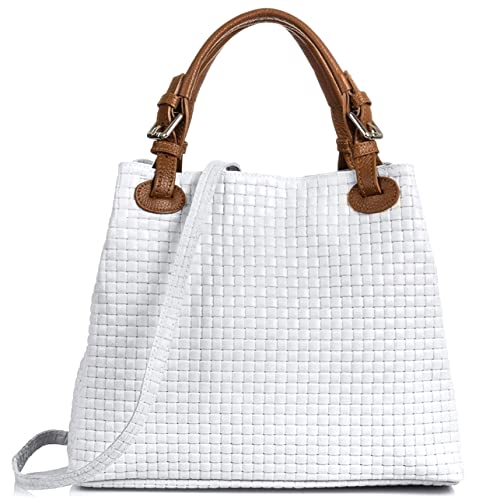 Modarno Geflochtene Handtasche für Damen mit Schultergurt aus echtem Leder - 33 x 17 x 29 cm, Weiß, 33x17x29 Cm von Modarno