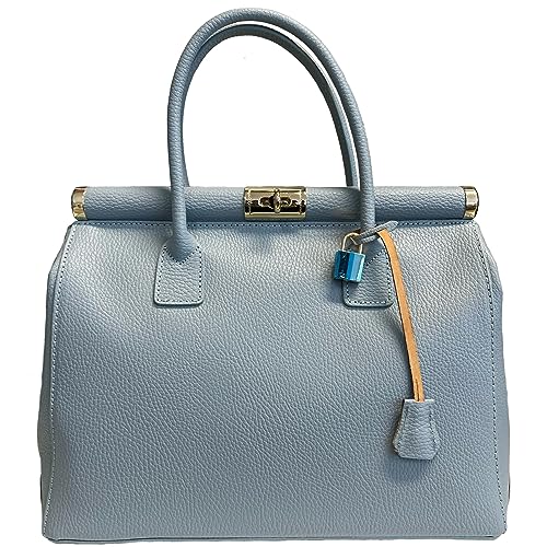 Modarno Handbag Damen-Handtasche aus Leder mit Schultergurt, Topcase 35 x 28 x 16 cm, Helles Hellblau von Modarno