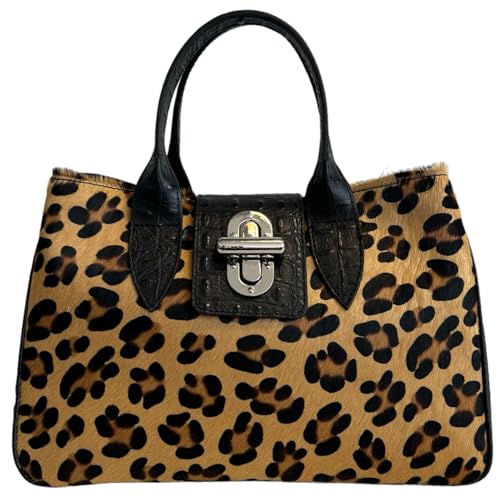 Modarno Handtasche aus echtem Leder mit Krokodilprägung und Pferd 35 x 18 x 24 cm, Großer Leopard von Modarno