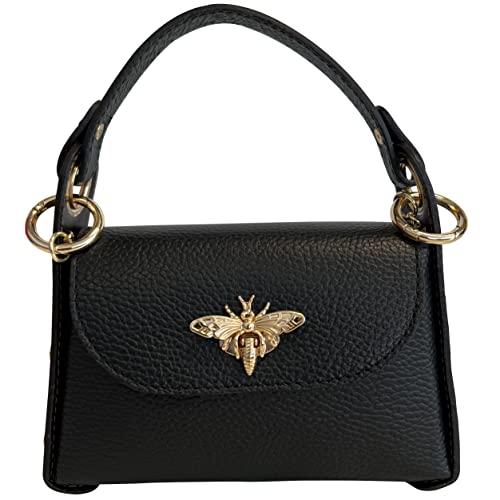 Modarno Mini-Tasche aus echtem Dollar Leder mit Karabinerverschluss in Bienenform, seitliche Nieten, abnehmbare Metallkette, Ledergriff, Schwarz von Modarno