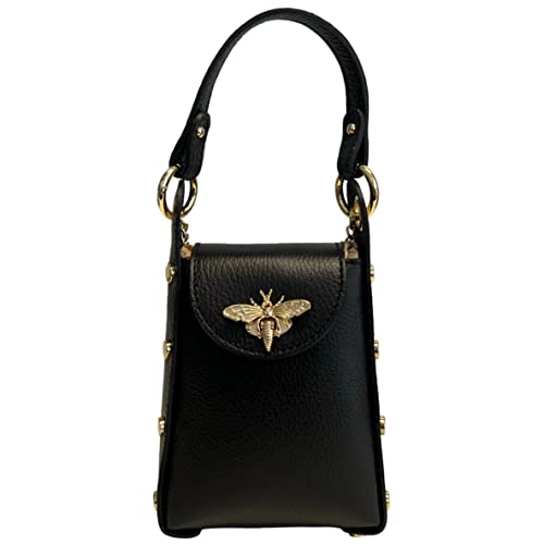 Modarno Mini-Tasche aus echtem Dollar Leder mit Karabinerverschluss in Bienenform, seitliche Nieten, abnehmbare Metallkette, Ledergriff, Schwarz von Modarno