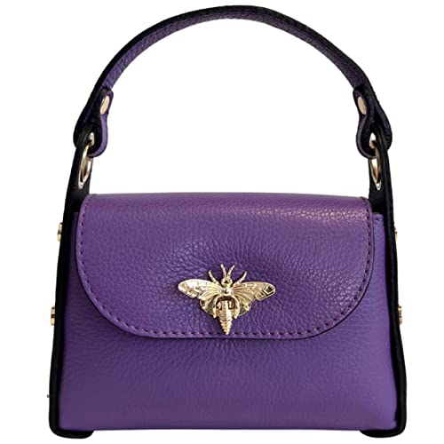 Modarno Mini-Tasche aus echtem Dollar Leder mit Karabinerverschluss in Bienenform, seitliche Nieten, abnehmbare Metallkette, Ledergriff, Violett von Modarno