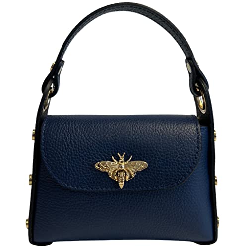 Modarno Mini-Tasche aus echtem Dollar Leder mit Karabinerverschluss in Bienenform, seitliche Nieten, abnehmbare Metallkette, Ledergriff, dunkelblau von Modarno