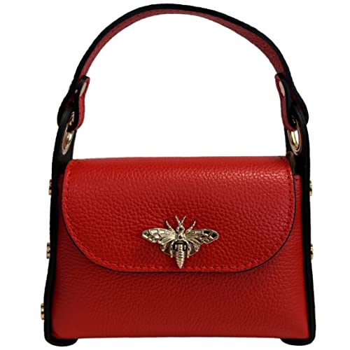 Modarno Mini-Tasche aus echtem Dollar Leder mit Karabinerverschluss in Bienenform, seitliche Nieten, abnehmbare Metallkette, Ledergriff, rot von Modarno