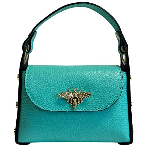 Modarno Mini-Tasche aus echtem Dollar Leder mit Karabinerverschluss in Bienenform, seitliche Nieten, abnehmbare Metallkette, Ledergriff, türkis von Modarno