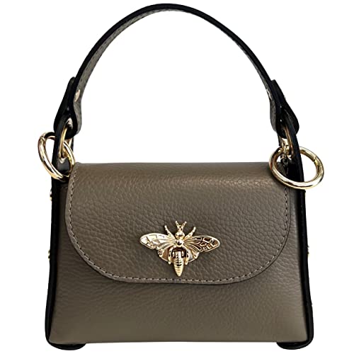 Modarno Mini-Tasche aus echtem Dollar Leder mit Karabinerverschluss in Bienenform, seitliche Nieten, abnehmbare Metallkette, Ledergriff, Taupe von Modarno