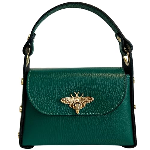 Modarno Mini-Tasche aus echtem Dollar Leder mit Karabinerverschluss in Bienenform, seitliche Nieten, abnehmbare Metallkette, Ledergriff, Pfauengrün von Modarno