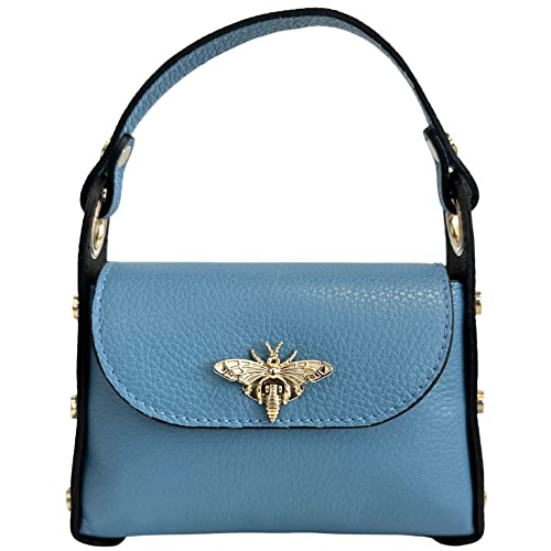 Modarno Mini-Tasche aus echtem Dollar Leder mit Karabinerverschluss in Bienenform, seitliche Nieten, abnehmbare Metallkette, Ledergriff, himmelblau von Modarno