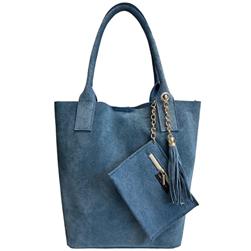 Modarno Shopper Damen Echt Wildleder Tasche mit gleichfarbigem Schmucketui - Handtasche - Umhängetasche, himmelblau von Modarno