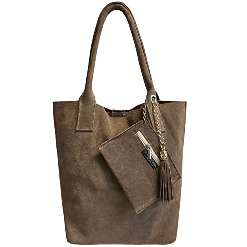 Modarno Shopper Damen Echt Wildleder Tasche mit gleichfarbigem Schmucketui - Handtasche - Umhängetasche, taupe von Modarno