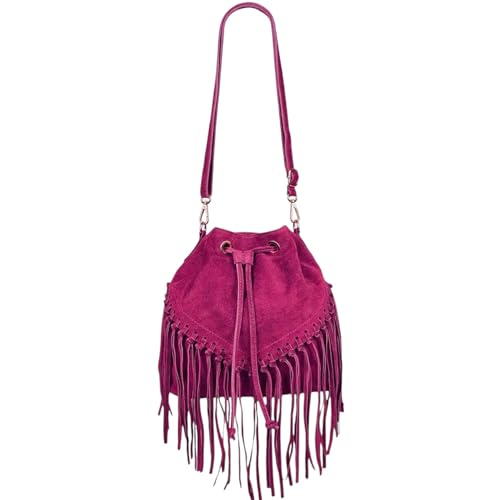Modarno Eimertasche aus Wildleder mit Fransen 26 x 13 x 26 cm, fuchsia von Modarno